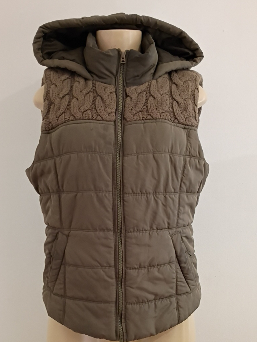 Aeropostale Olive Green Quilted Hooded Vest with Cable Knit Yoke
